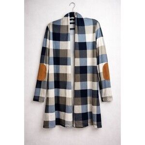 Women’s Small Plaid Open Front Shacket Cardigan Blue Tan Elbow Patch Pink Blush